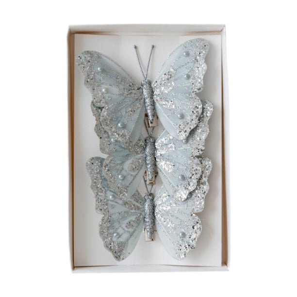 3 piezas de decoraciones navideñas de mariposas con clip para chimenea, mariposas brillantes para Azul grisáceo