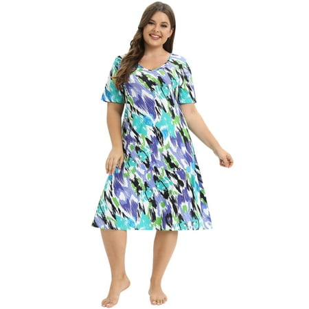 

EFINNY Women s Plus Size Short Sleeves Nightgowns Fashion Print Nightshirt Pullover Soft Nightdress Loungewear