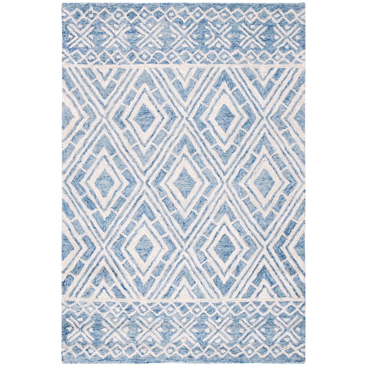 SAFAVIEH Micro-Loop Chris Geometric Diamonds Wool Runner Rug, Blue/Ivory, 2'3" x 7'