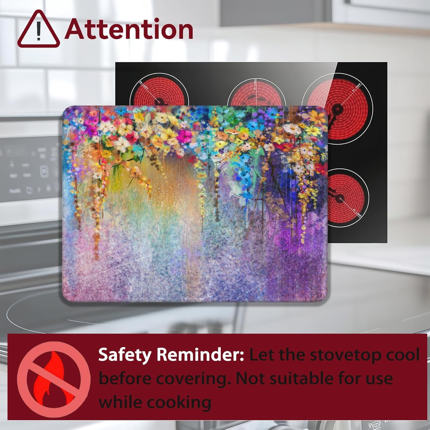 Stove Top Cover for Electric, Colorful Flowers Watercolor Plants Glass Ceramic Stove Cover,Heat Resistant Flat Stovetop Protector, Dish Drying Mats for Kitchen