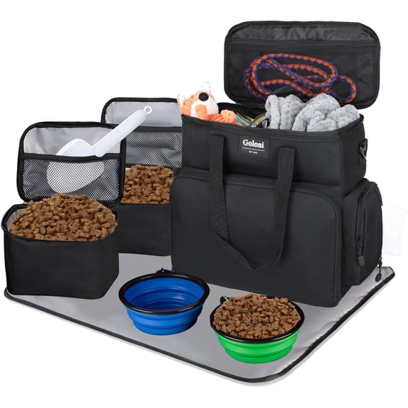 Dog Travel Bag Airline Approved–Pet Travel Tote with Collapsible Bowls,Food Containers & Feeding Mat–Multi-Pocket Organizer for Dogs & Cats, Durable & Water-Resistant for Hiking,Trips,Outdoors
