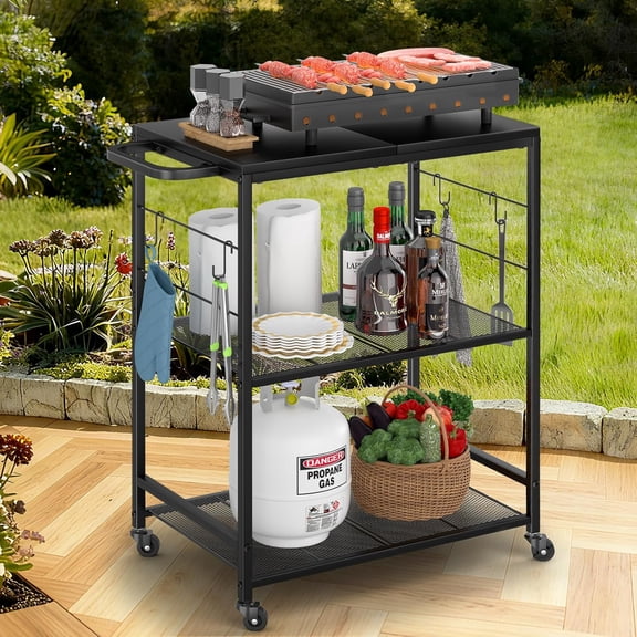 3-Tier BBQ Food Prep Rolling Grill Cart, Rust-Resistant 23.62" x 15.75" Tabletop, Outdoor Kitchen Tool Station for Patio and Backyard