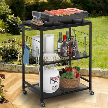 3-Tier BBQ Food Prep Rolling Grill Cart, Rust-Resistant 23.62" x 15.75" Tabletop, Outdoor Kitchen Tool Station for Patio and Backyard