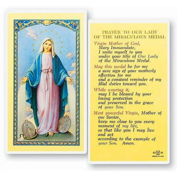 Our Lady of the Miraculous Medal Laminated Catholic Prayer Holy Card with Prayer on Back, Pack of 25