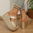 thumbnail image 3 of Slides Sandals for Women T-Strap Splice Leather Platform Wedges Heels Elegant Rhinestone Summer Dress Shoes Gold Size 7.5, 3 of 5