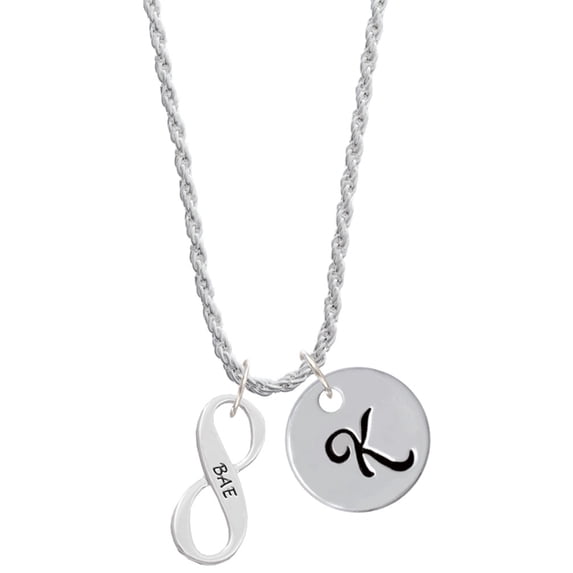 Delight Jewelry Silvertone BAE Infinity Sign Silvertone Script Initial Disc - K - Charm Necklace, 20"+3"