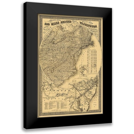 Colton 11x14 Black Modern Framed Museum Art Print Titled - Washington DC 500 Miles Around - Colton 1861