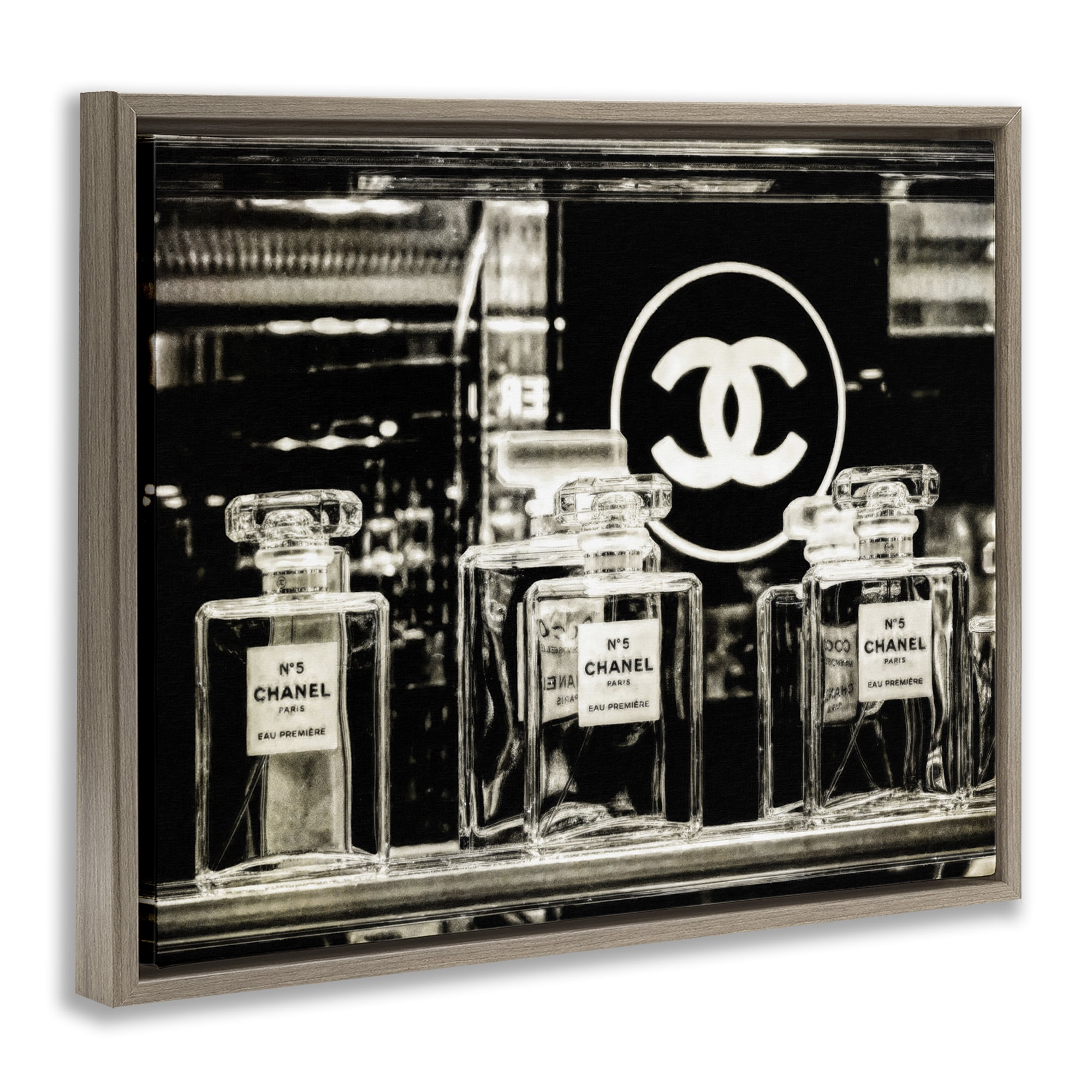Stupell Industries Monochrome Perfumes Display Fashion Painting Brown Floater Framed Canvas Art Print Wall Art, 31 x 25