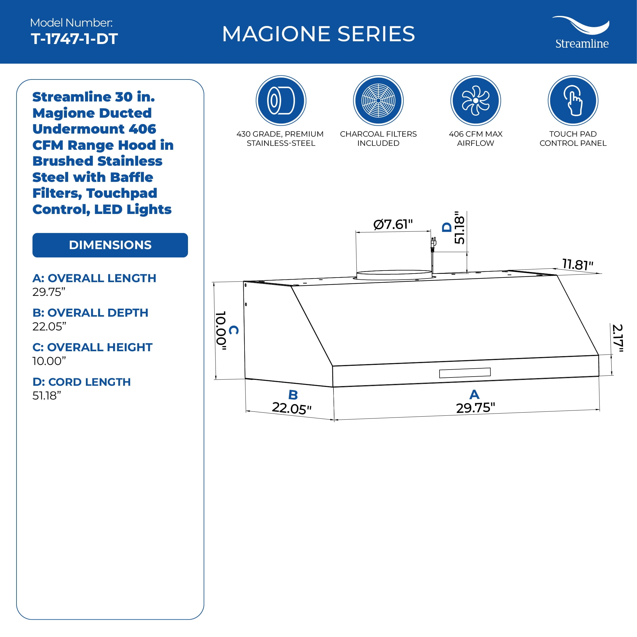 Streamline 30 in. Magione Ducted Undermount 406 CFM Range Hood in Brushed Stainless Steel with Baffle Filters, Touchpad Control, LED Lights