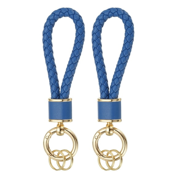 Uxcell 2 Pack Braided Leather Keychain, Keychain Ring Woven Strap Lanyard Strap with 360 Degree Rotatable for Car Key Bag Wallet, Gold/Dark Blue