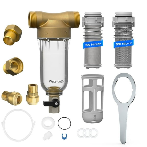 Waterdrop Spin Down Sediment Filter, Backwash Whole House Water Filter System for City/Well Water, 100 Micron 500 Micron, 1" MNPT   3/4" FNPT   3/4" MNPT, Traps Sand, BPA Free