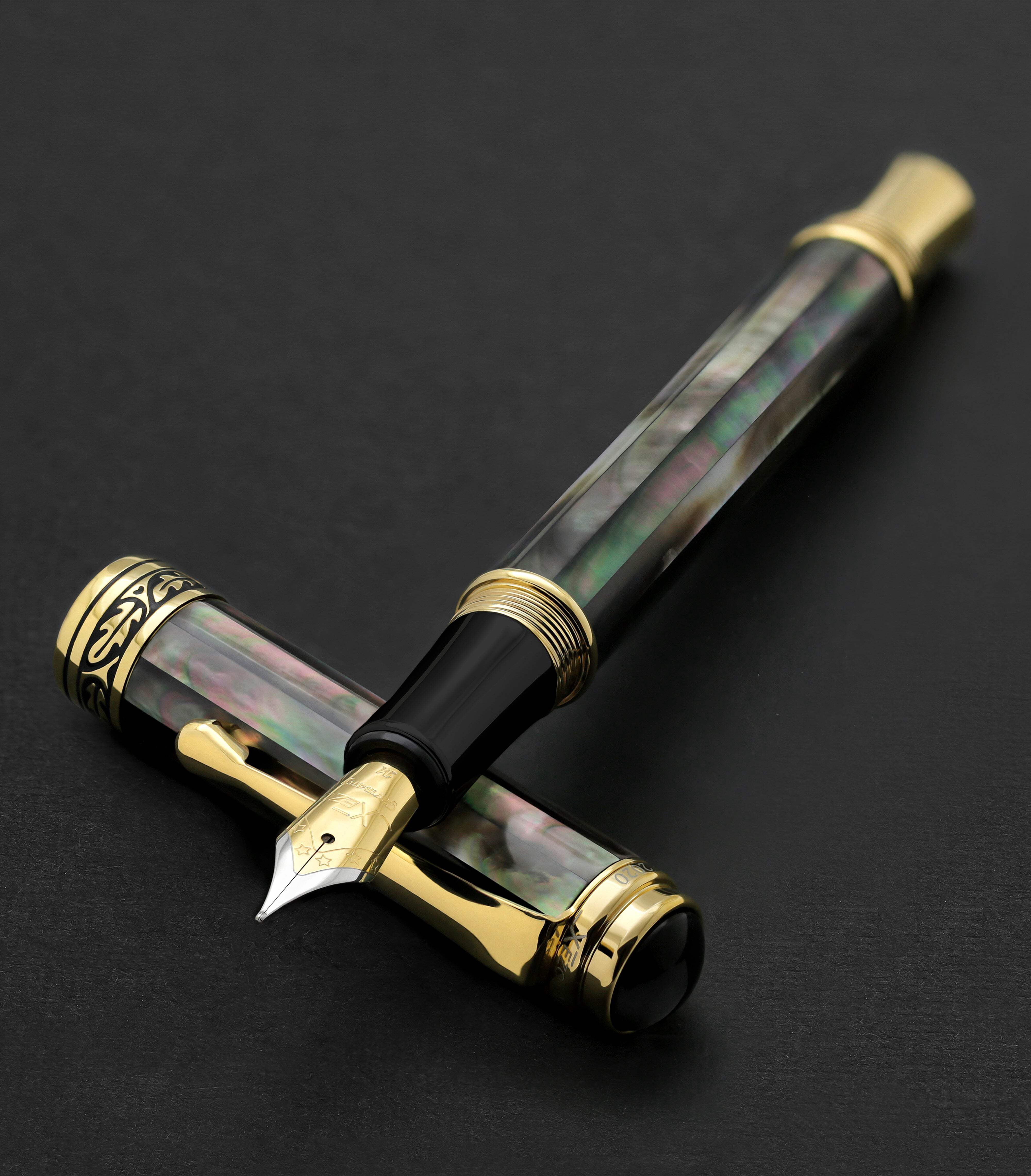 Xezo Xezo Maestro® 18K Gold Plated Fountain Pen (Medium Nib) - Tahitian Black Mother of Pearl