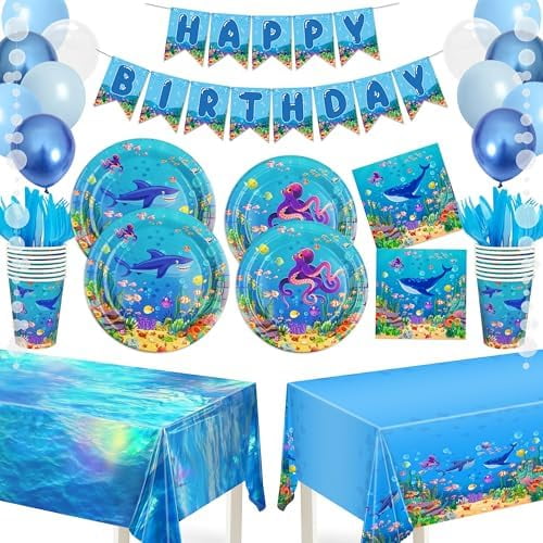Under the Sea Party Decorations, Ocean Themed Party Decorations Tableware Set for 24 Guests with Paper Plates Napkins Cups Cutlery Tablecloths Banners & Balloons, Ocean Animal Birthday Party Supplies