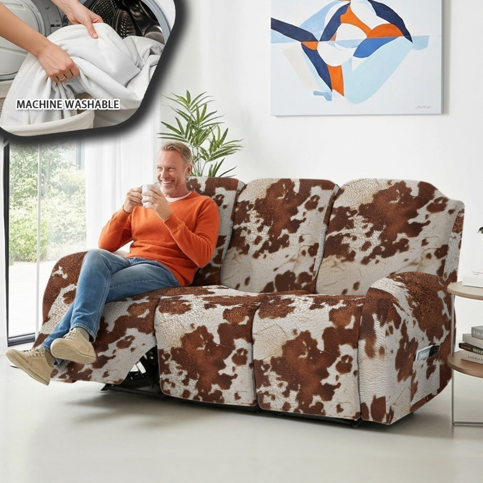 COEQINE Brown Cow Print Recliner Sofa Cover Polyester 3 Seater Reclining Chair Protector 8 Pieces Stretch Recliner Chair Cover Dog Couch Slipcover for Living Room Home Decor