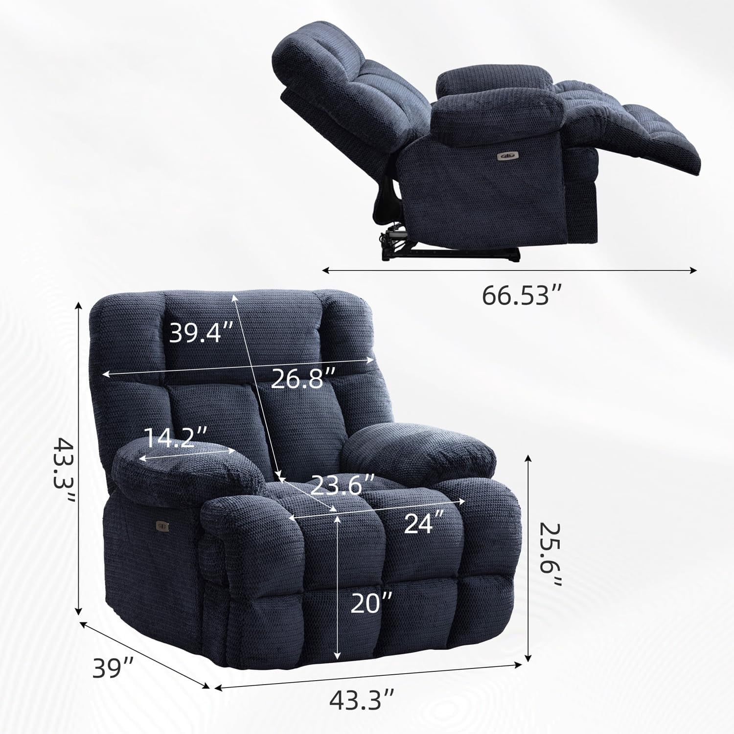 Gewnee Modern Fabric Power Reclining Sectional Sofa with USB Charging Ports, Solid Wood Frame, Padded Seats, for Living Room & Home,Blue
