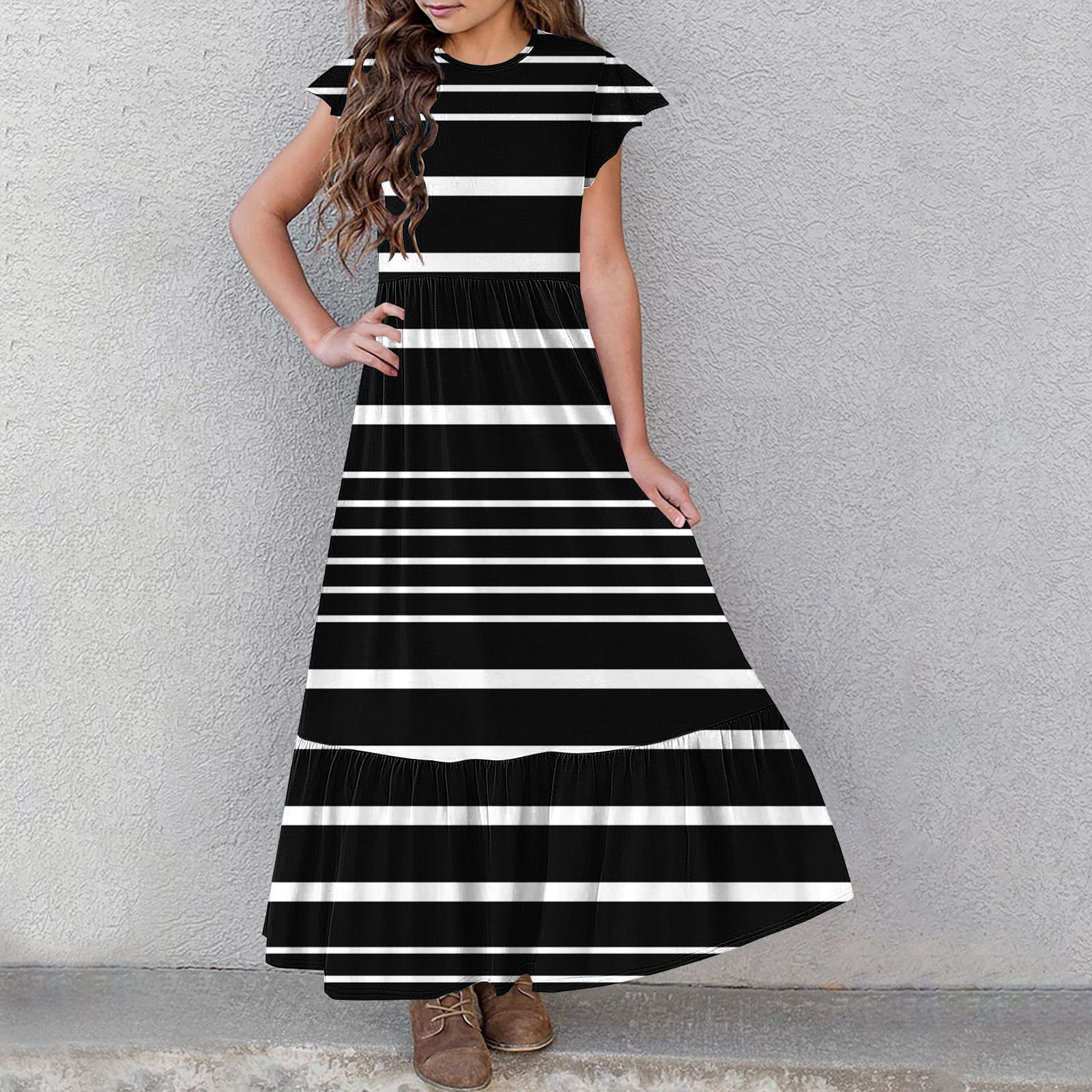 2025 Girls Dresses with Pockets 6-12 Years Kids Ruffle Short Sleeve Trendy Stripe Printed Crewneck Going Out Long Maxi Dress