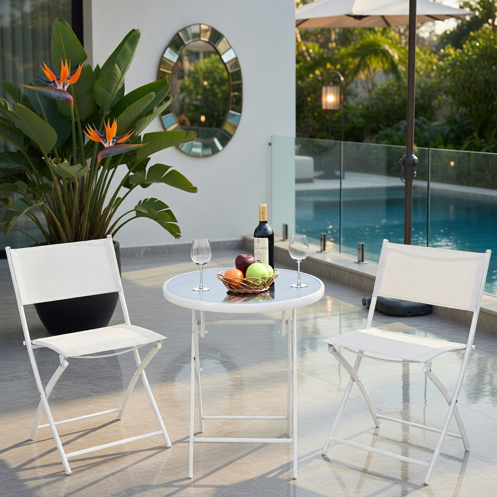 Hommoo 3-Piece Foldable Outdoor Bistro Set, 2 Chairs + Glass Top Coffee Table for Balcony, Patio & Garden, White