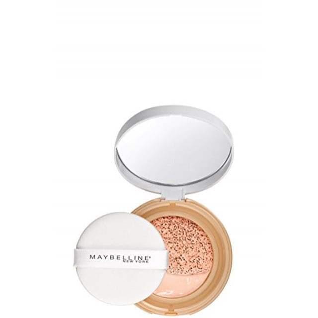 base líquida maybelline dream cushion fresh face, marfil, 0.1445ml compacto abierto con esponja aplicadora blanca marcada Maybelline, almohadilla cushion impregnada en base color marfil y espejo interior abierto.