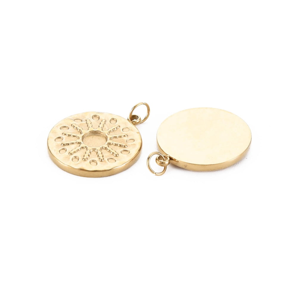 Ion Plating(IP) 304 Stainless Steel Pendant Enamel Settings with Jump Rings Flat Round Real 14K Gold Plated 18.5x16x2mm Jump Ring: 4x0.5mm