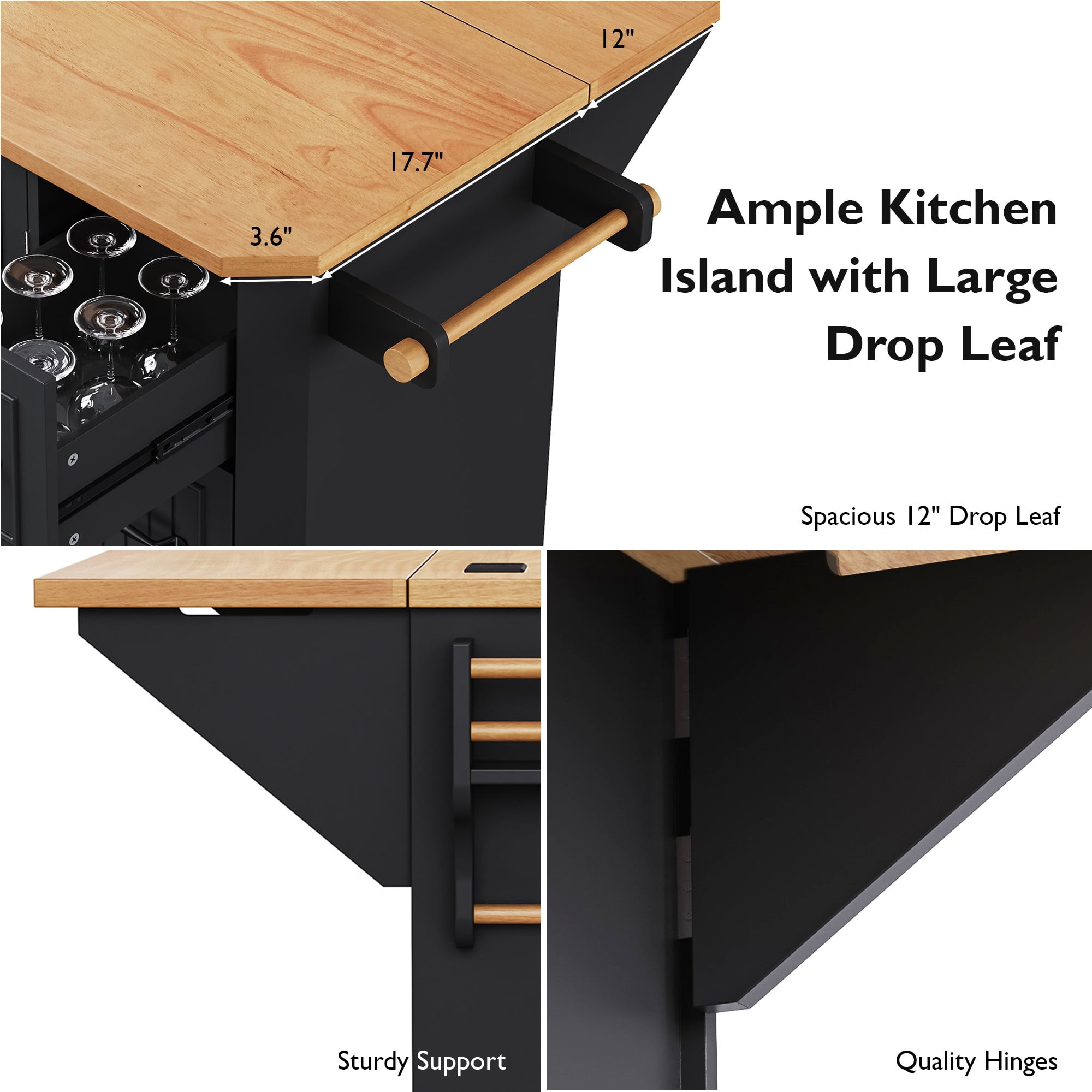 Euroco 56" Kitchen Island with Rubber Wood Veneer Drop Leaf, Power Outlet, 4 Door Shelves, Embossed Vertical Stripe Rolling Kitchen Cart with 6 Drawers