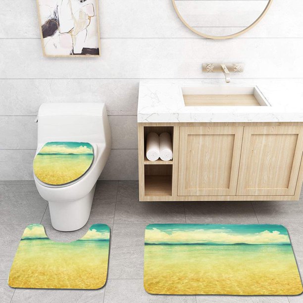 ABPHQTO Vista de la playa Mar en estilo grunge y retro Horizonte Cielo nublado Verano Verde Tierra Amarillo 3 piezas Alfombra de baño Alfombra de contorno y tapa de inodoro ABPHQTO Cont-CHAPPLE-21353