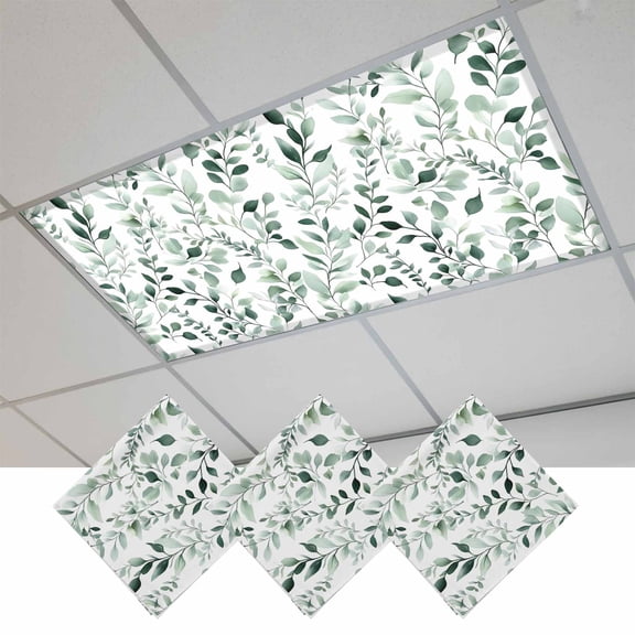 Fluorescent Light Covers for Ceiling Lights Classroom, Green Eucalyptus Magnetic Ceiling Light Cover Filter for School,Office, 2X4 FT, Pack of 3, Watercolor Leave Floral Pattern