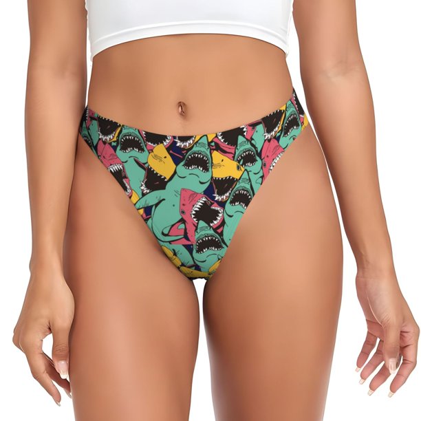Fotbe Angry Shark Pattern Tanga Sin Costuras para Mujer con Estampado – Panties Invisibles, Transpirables y Cómodos para Uso Diario-Large