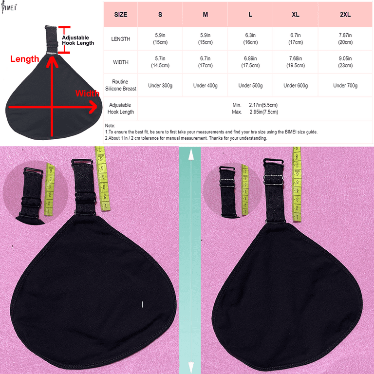 BIMEI 2 Pcs Adjustable Hook Silicone Breast Protective Pockets Sleeves  Cotton Protector Bag for Mastectomy Fake Breast，Triangular，Black，XL