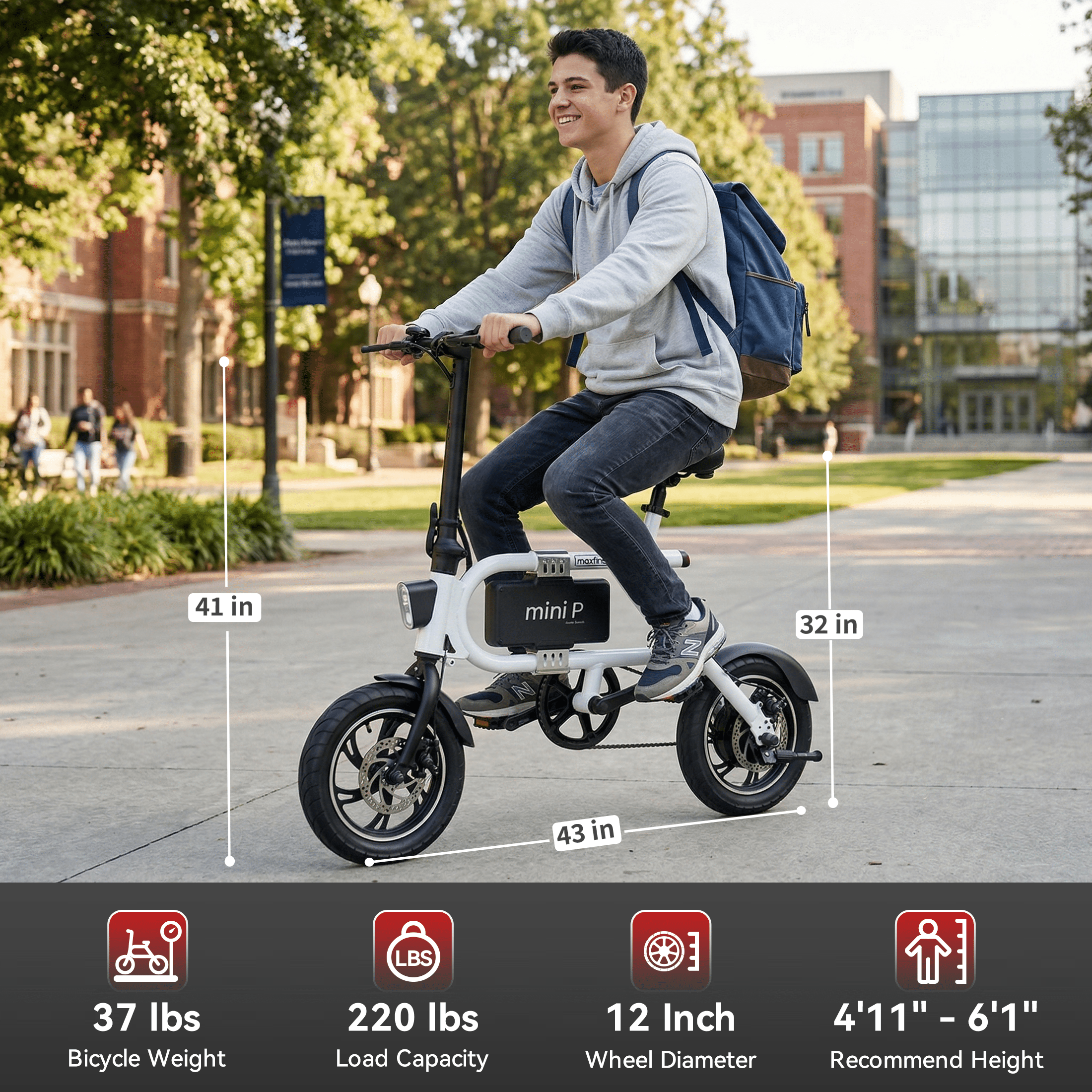 Maxfind Foldable 12" Electric Bike for Adults, Max 37-Mile Range Pedal-Assist,Removable Lithium Battery, Smart App Control,Adult Electric Bicycle for Commute