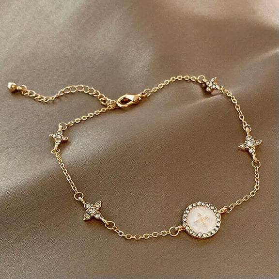 K-KED 18k Gold Plated Cross Round Circle Crystal Chain Link Bracelet Womens Jewellery