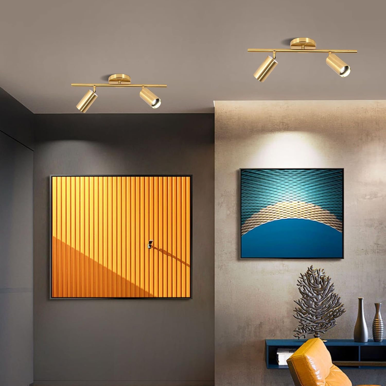 KCO Lighting Modern 2-Light Gold Track Lighting Fixture Flush Mount Brushed Brass Track Lights Kit