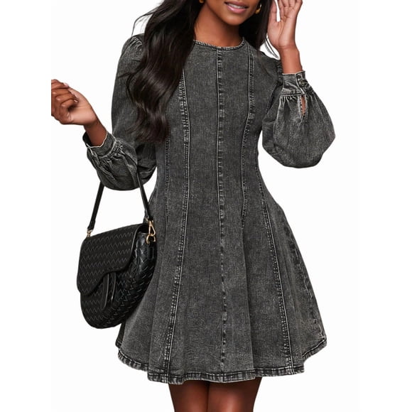 Vestido Camisero de Mezclilla para Mujer, Larga, Cuello Redondo, Minivestido Vaquero Corto de Corte A, para Otoño. Negro M