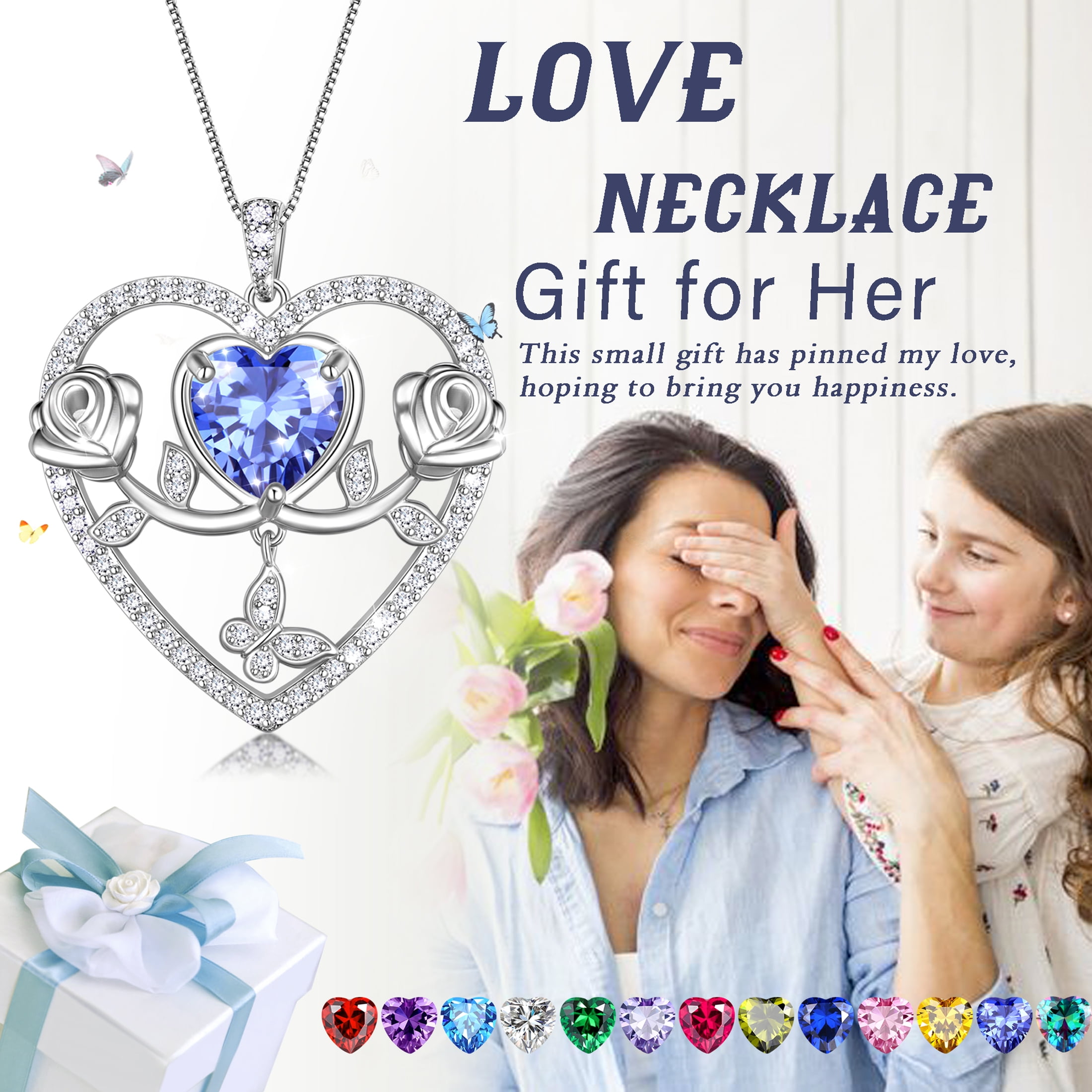 Beautlace 925 Sterling Silver Rose Heart Necklace,Butterfly Flower Pendant Necklace Jewelry Birthday Christmas Valentines Mother's Day Gifts for Women Mom Wife -July