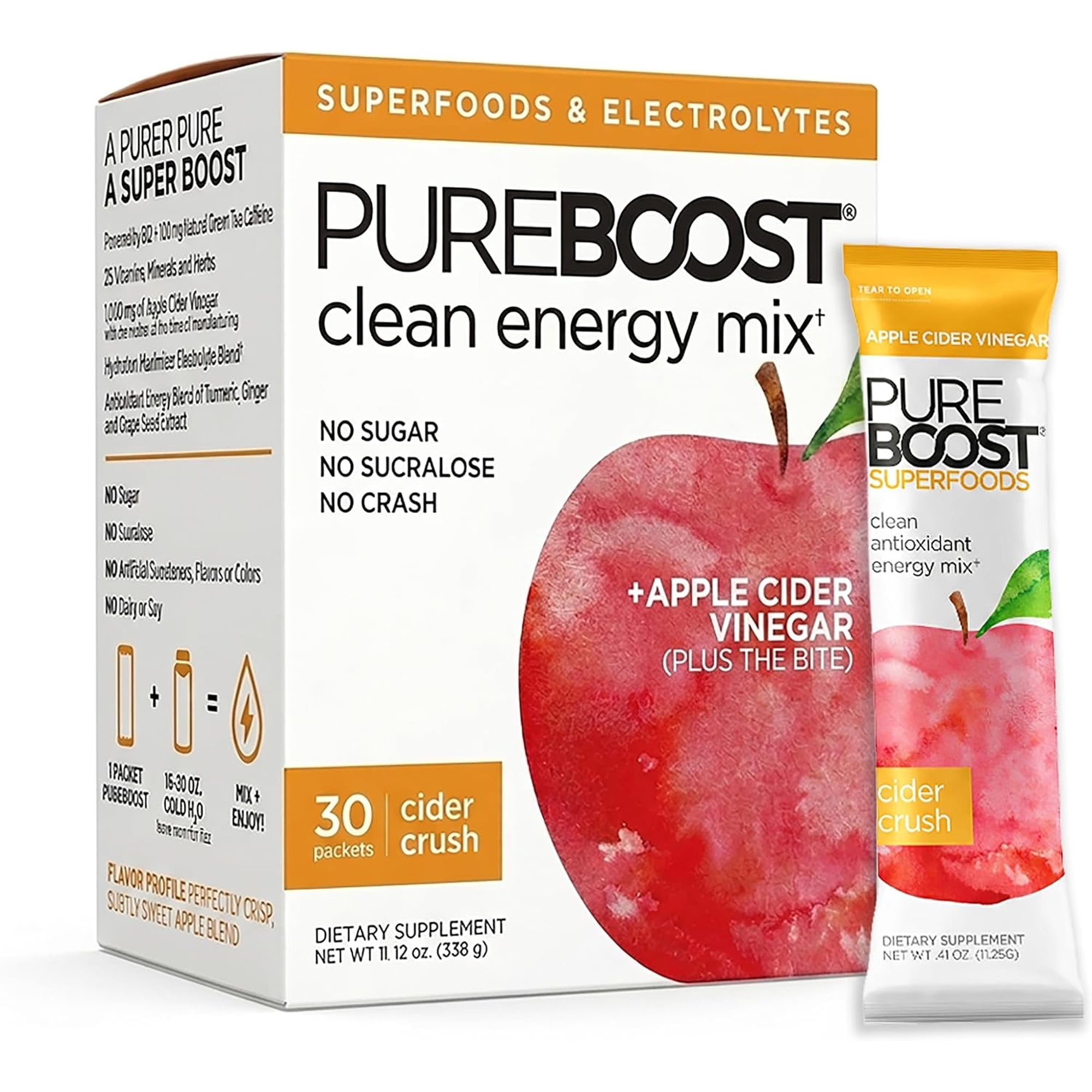 Pureboost Superfoods Clean Energy Booster, Cider Crush 30 Count, Refreshing Energy Drink Mix with Apple Cider Vinegar with The Mother, Sugar Free, No Sucralose, Electrolytes