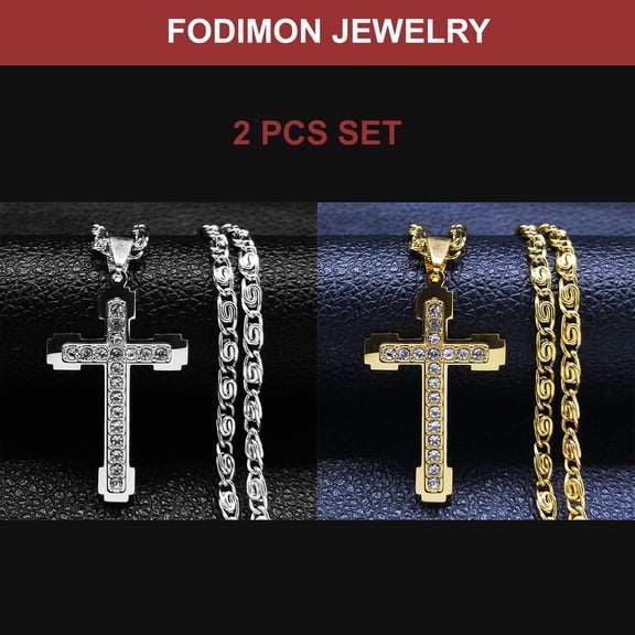FODIMON Stainless Steel Cross Pendant Necklace for Men Women Iced Out Cuban Link Chain, Miami Mens Cuban Link Chain Cuban Necklace Chain for Men iced out chain Hip Hop Necklace set of 2 pcs