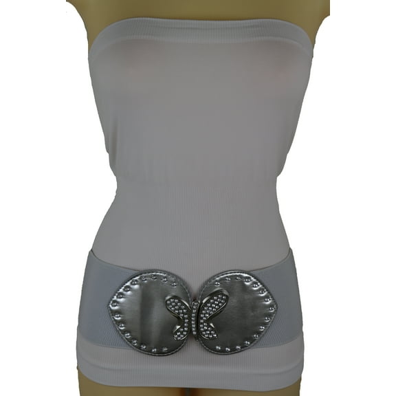 Women Silver Faux Leather Wide Elastic Band Belt Butterfly S M