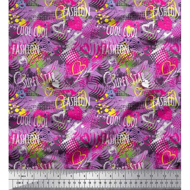 Soimoi Purple Rayon Fabric Heart,Star & Fashion Text Print Sewing Fabric Yard 56 Inch Wide