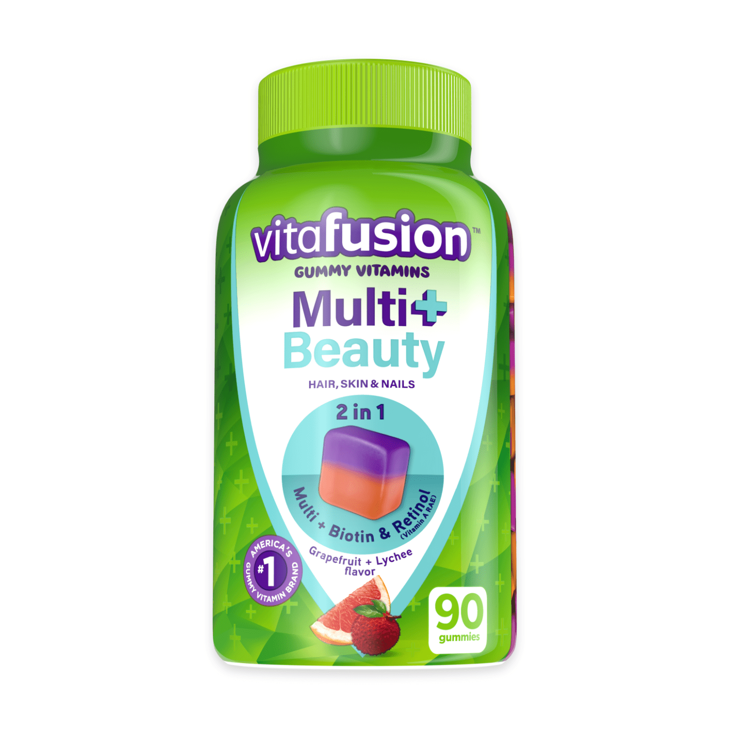 Vitafusion Multi+ Beauty – 2-in-1 Benefits & Flavors – Adult Gummy Vitamins with Hair, Skin & Nails Support* (Biotin & Retinol (Vitamin A RAE)) and Daily Multivitamin, 90 Count