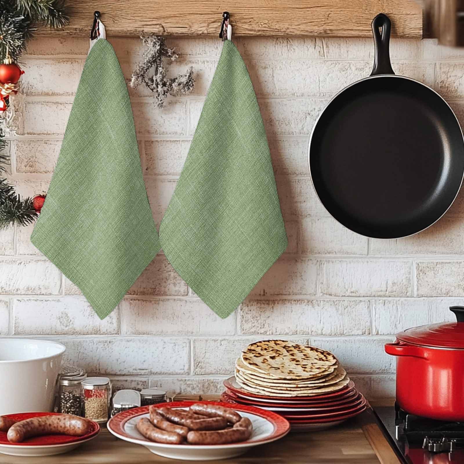 Grass Green Kitchen Towels Set of 3, Farmhouse Burlap Solid Green Modern Linen Texture Soft Microfiber Dish Towels, Absorbent Washable Dishcloths for Kitchen Cleaning, Drying Dishes, 18x28 Inches