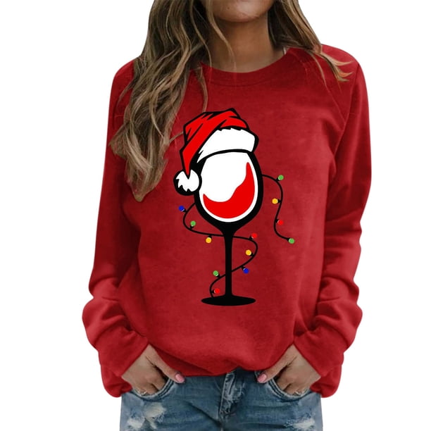 Gibobby Sudaderas Navideñas para Mujeres Sudadera navideña para mujer Cuello redondo Manga larga Navidad Casual Sudadera navideña(Rojo,CH)
