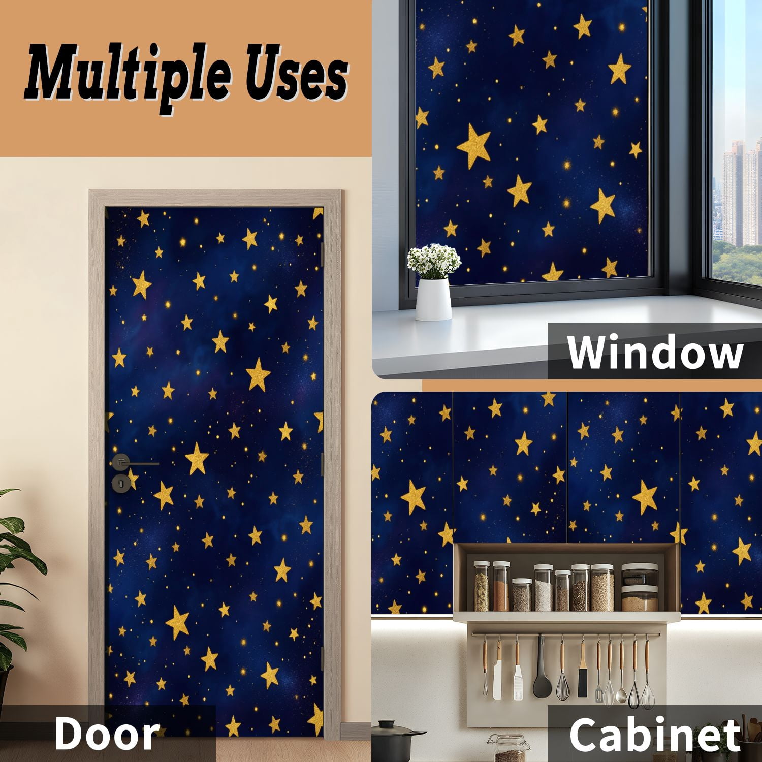 Self Adhesive Vinyl Refrigerator Wrap Set Golden Stars Deep Blue Night Sky Door Mural Removable Fridge Sticker Peel and Stick&nbsp;Full Door Cover Decal Kitchen Bar Decor