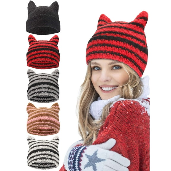 Gustave Women's Crochet Beanie Hats Winter Warm Stripe Knitted Caps Cute Cat Ear Y2k Grunge Accessories Slouchy Beanies for Women Girls - Black