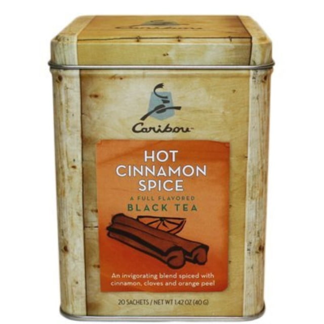 2 caribou tea tins 20 sachets per tin (hot cinnamon spice tea