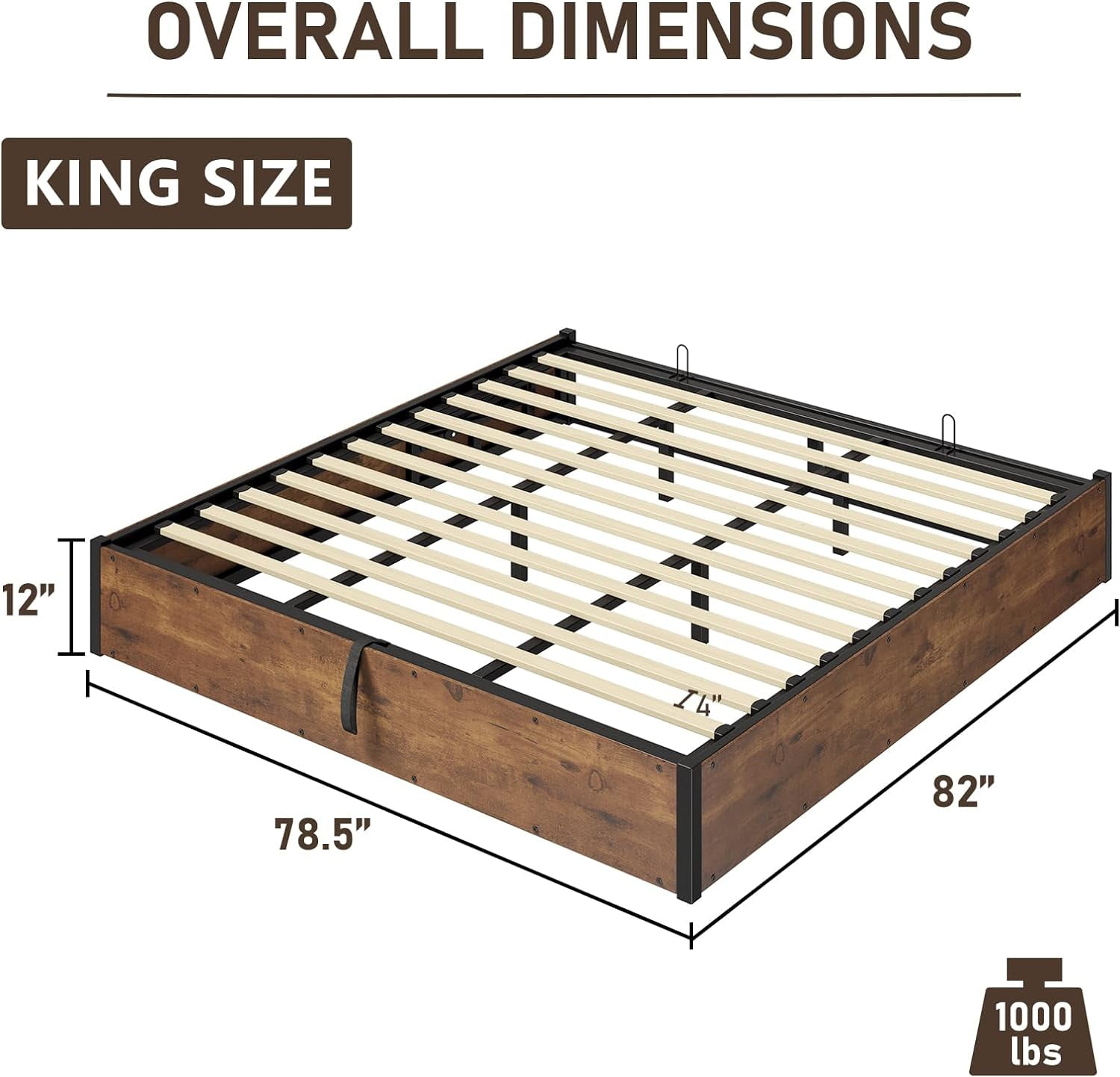 VanAcc King Size Lift Up Storage Platform Bed Frame, Metal Bed Frame with Wooden Slats Support, Large Storage Space, Easy Assembly, Rustic Brown