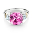 thumbnail image 2 of Gem Stone King 925 Silver and 10K Yellow Gold Pink Created Sapphire and Sky Blue Aquamarine 3 Stone Ring for Women (5.30 Cttw, Gemstone September Birthstone, Cushion 10MM, Round 4MM, Size 5), 2 of 3