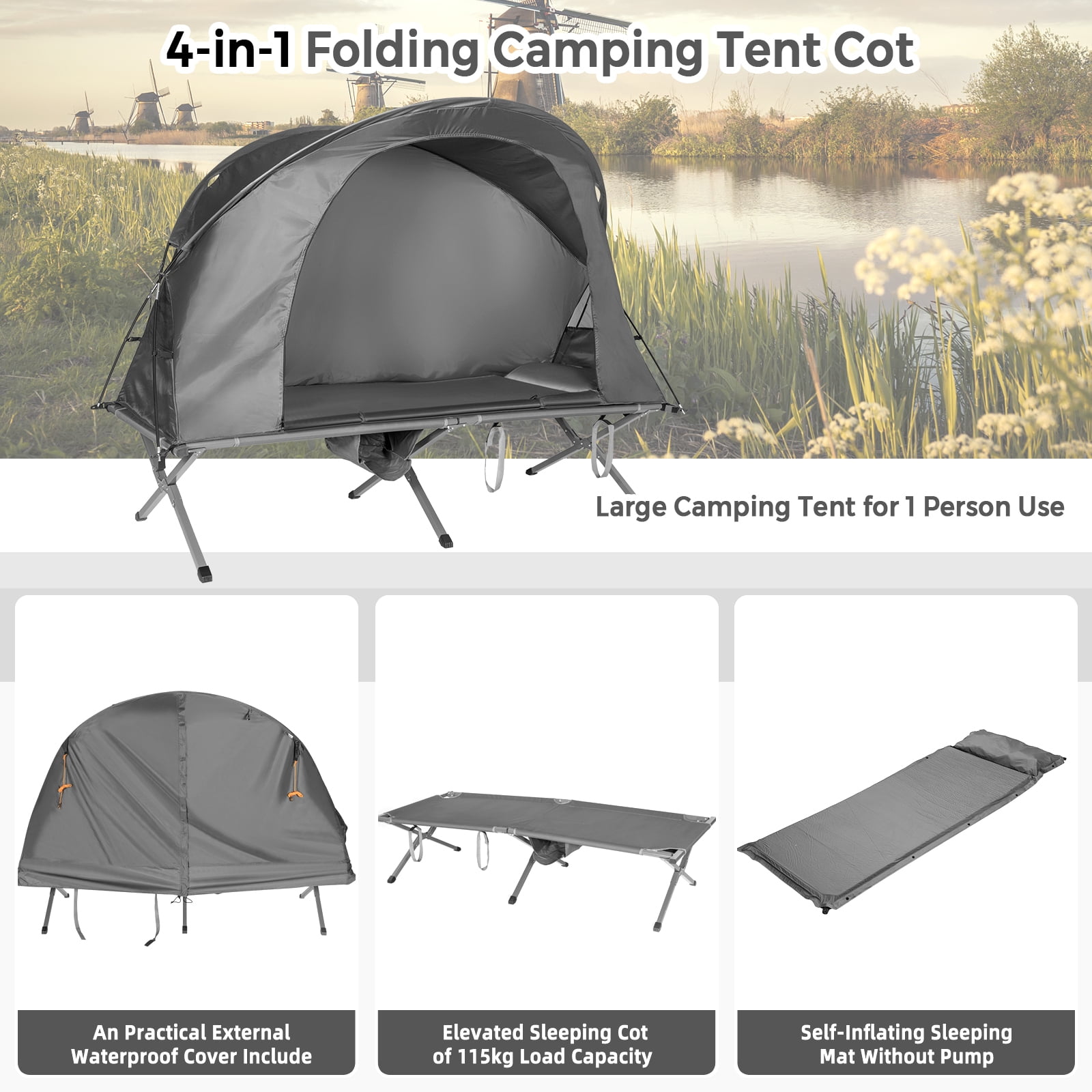 Patiojoy 1-Person Folding Camping Tent Cot Portable Outdoor Tent for Backpacking & Hiking Gray