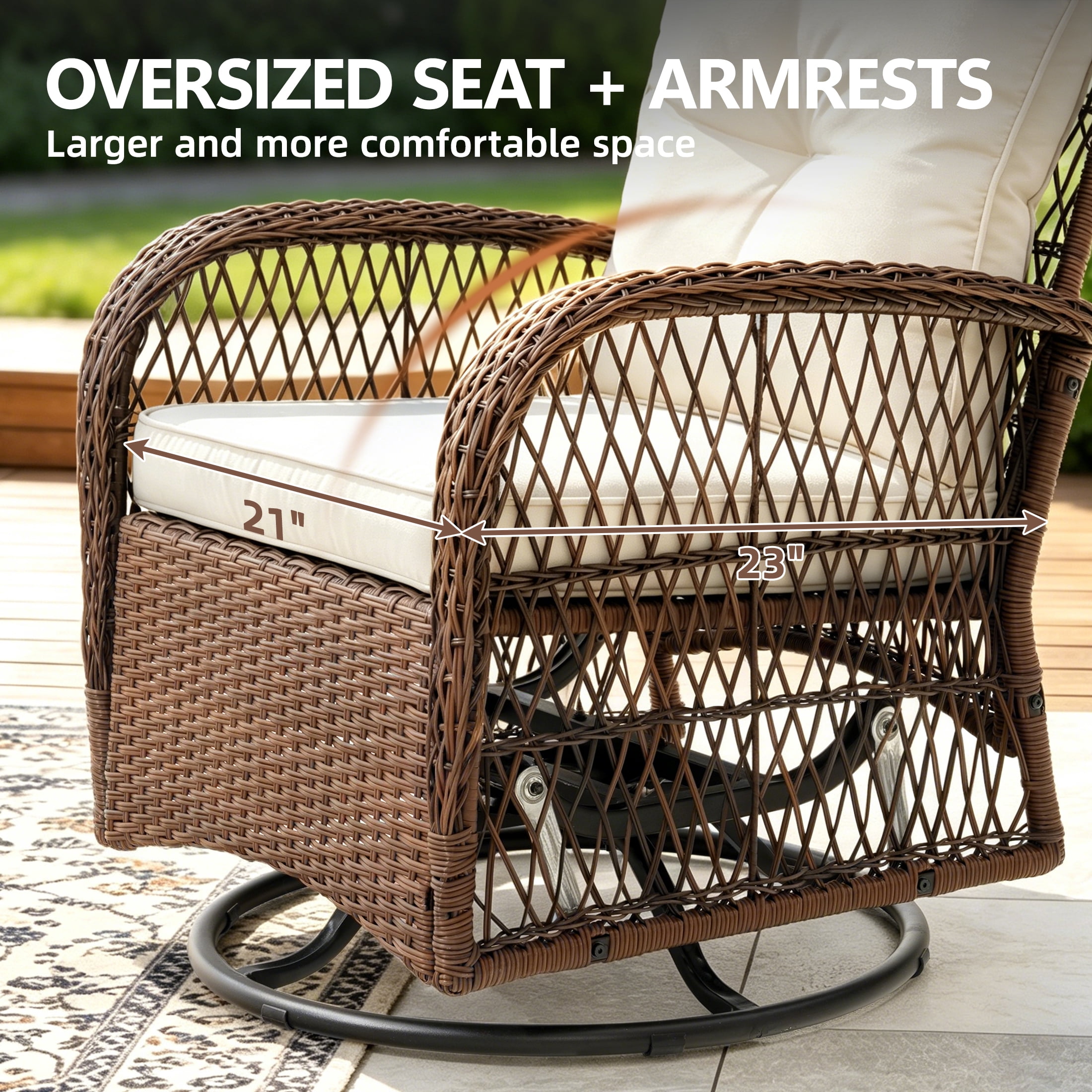 Rattan Outdoor Furniture, 3 Pieces Patio Furniture Set, Wicker Outdoor Swivel Glider Rocker w/Table, Balcony Porch Outdoor Rocking Bistro Set for 2, Beige Cushions