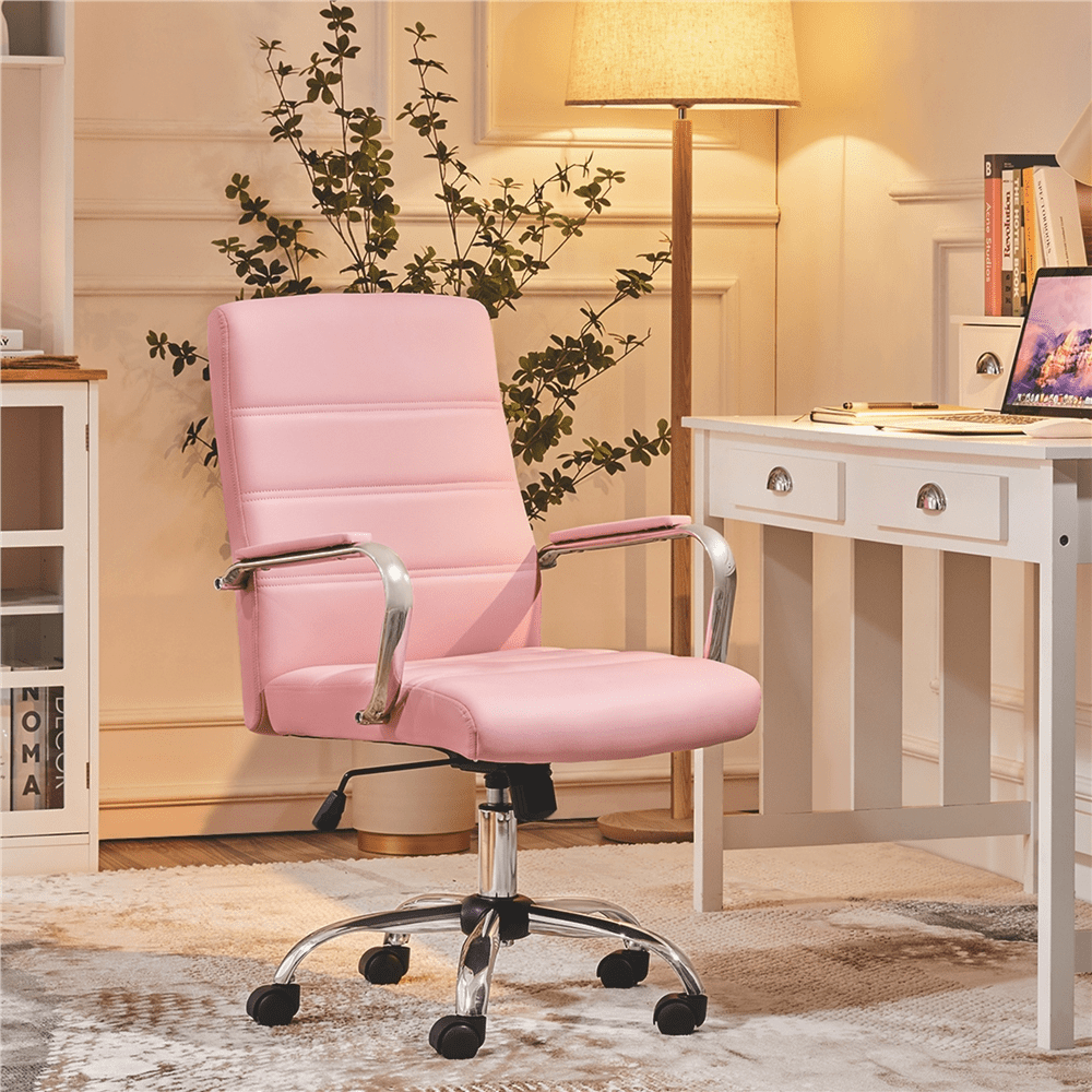 Yaheetech Mid-Back PU Leather Adjustable Office Chair with Arms, Pink