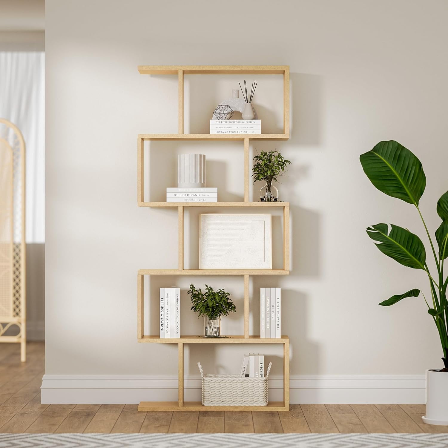 DIYART Oak 5-Tier Geometric Bookcase, S-Shaped Modern Bookshelf set of 2