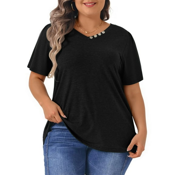 WellSize Plus Size Blouses for Women Button Tunic Tops V Neck Short Sleeve Summer Shirts